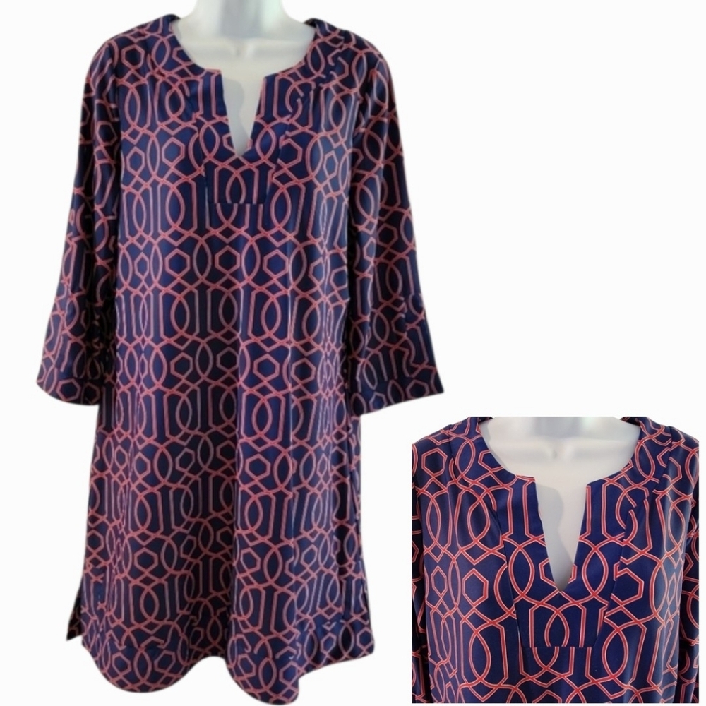 Jude Connally Women's‎ Large Navy Blue & Red Sheath Dress 3/4 Sleeve
